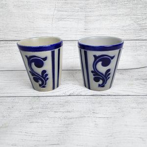 Vtg Cobalt Blue German Salt Glaze Pottery Cups Glasses Set of 2 Small 3.5in Tall